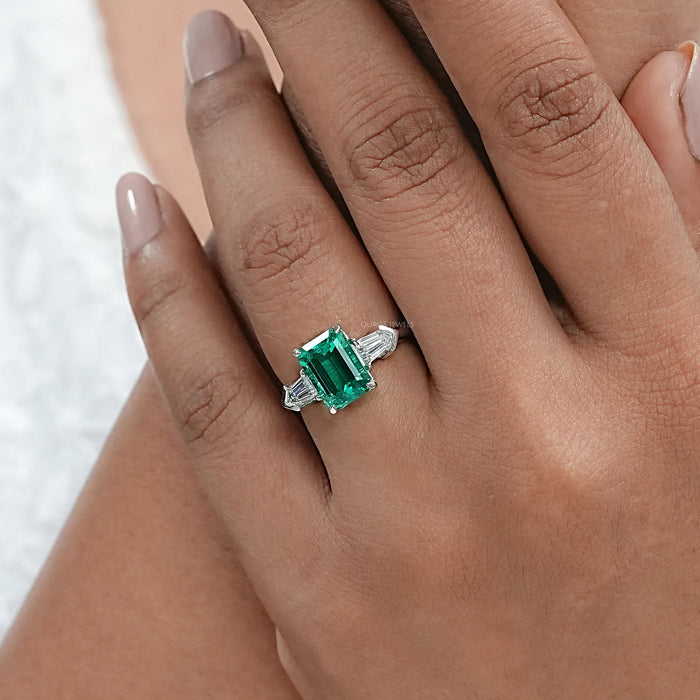 Three-Stone Emerald And Bullet Cut Diamond Ring