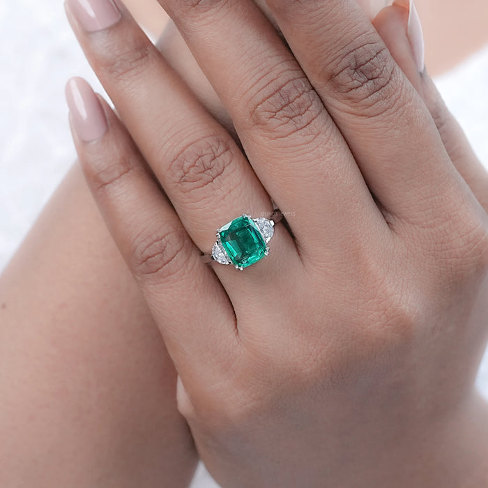 Green Cushion And Half Moon Trio Engagement Ring
