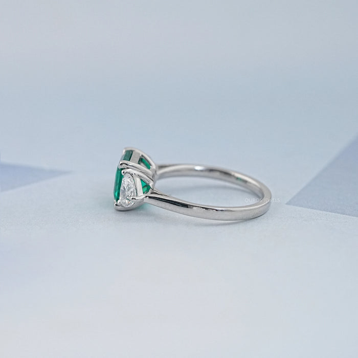 Green Asscher Gemstone Three Stone Engagement Ring