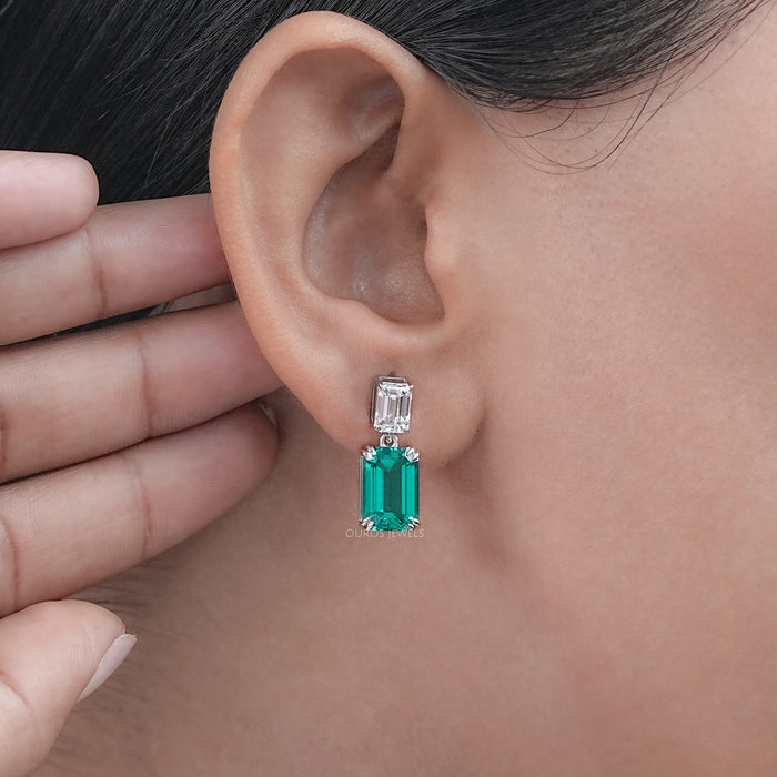Two Stone Green Emerald Gemstone Drop Earrings