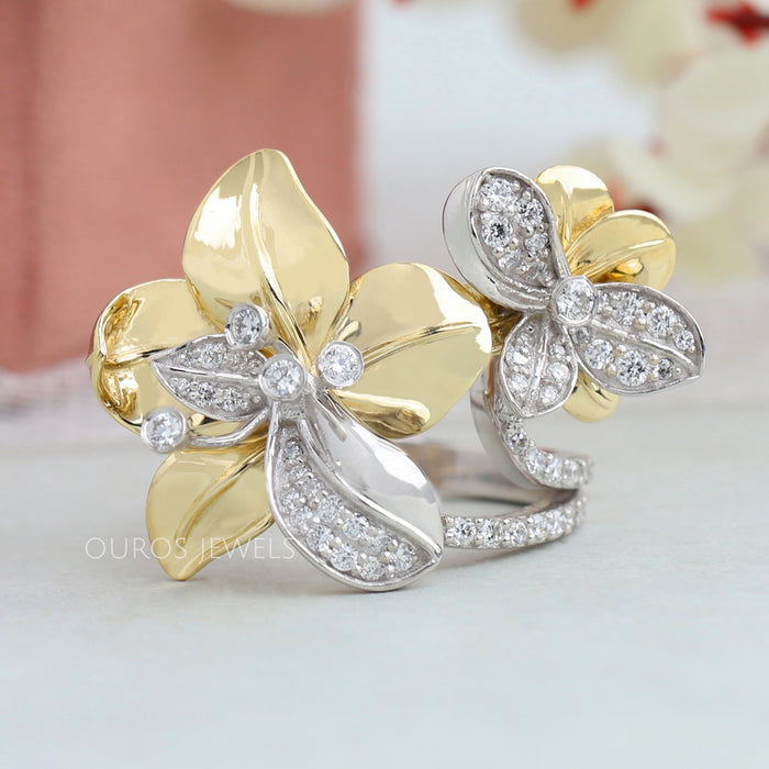 Customized Two Tone Huge Flower Wedding Ring