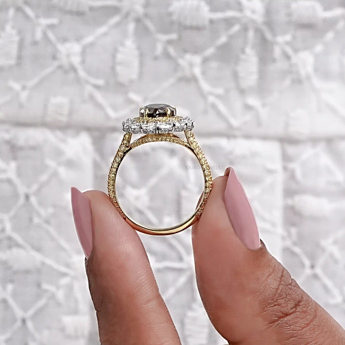 close view of brown pear cut diamond double hidden halo engagement ring