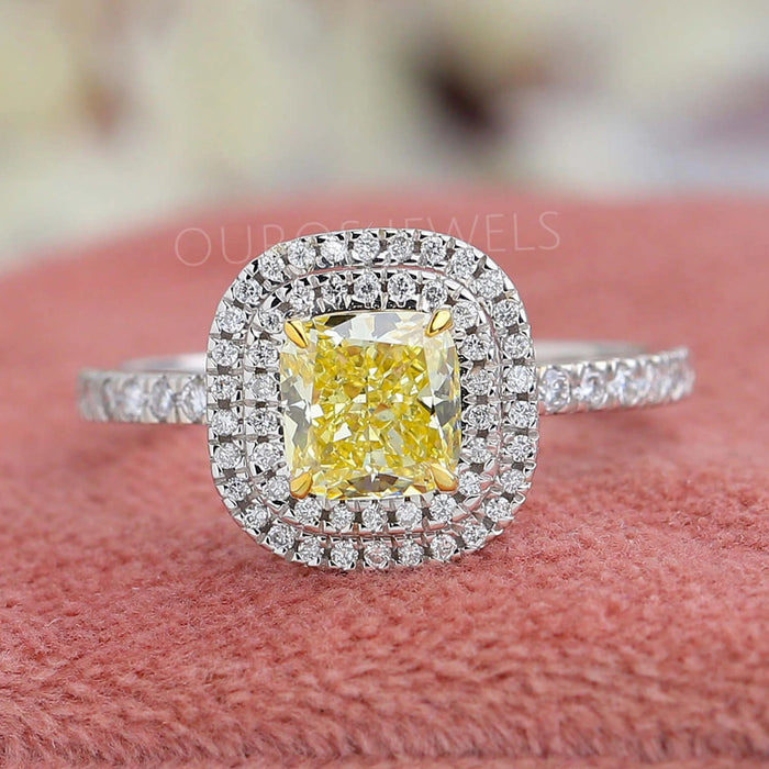 Yellow Cushion Cut Diamond Double Halo Ring