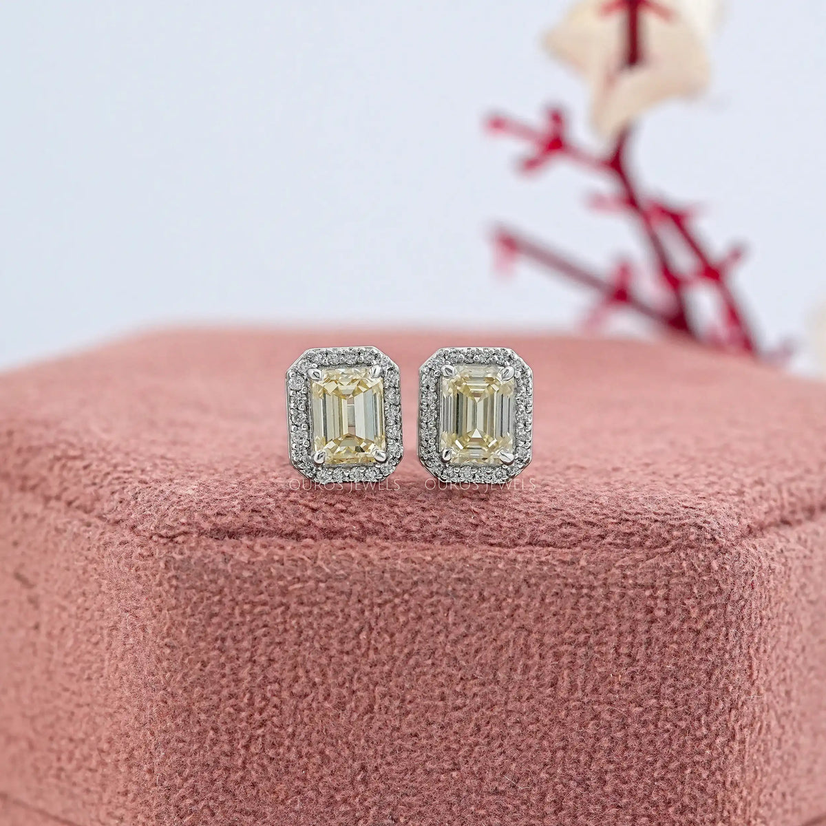 Yellow Emerald Lab Diamond Halo Stud Earrings Earrings