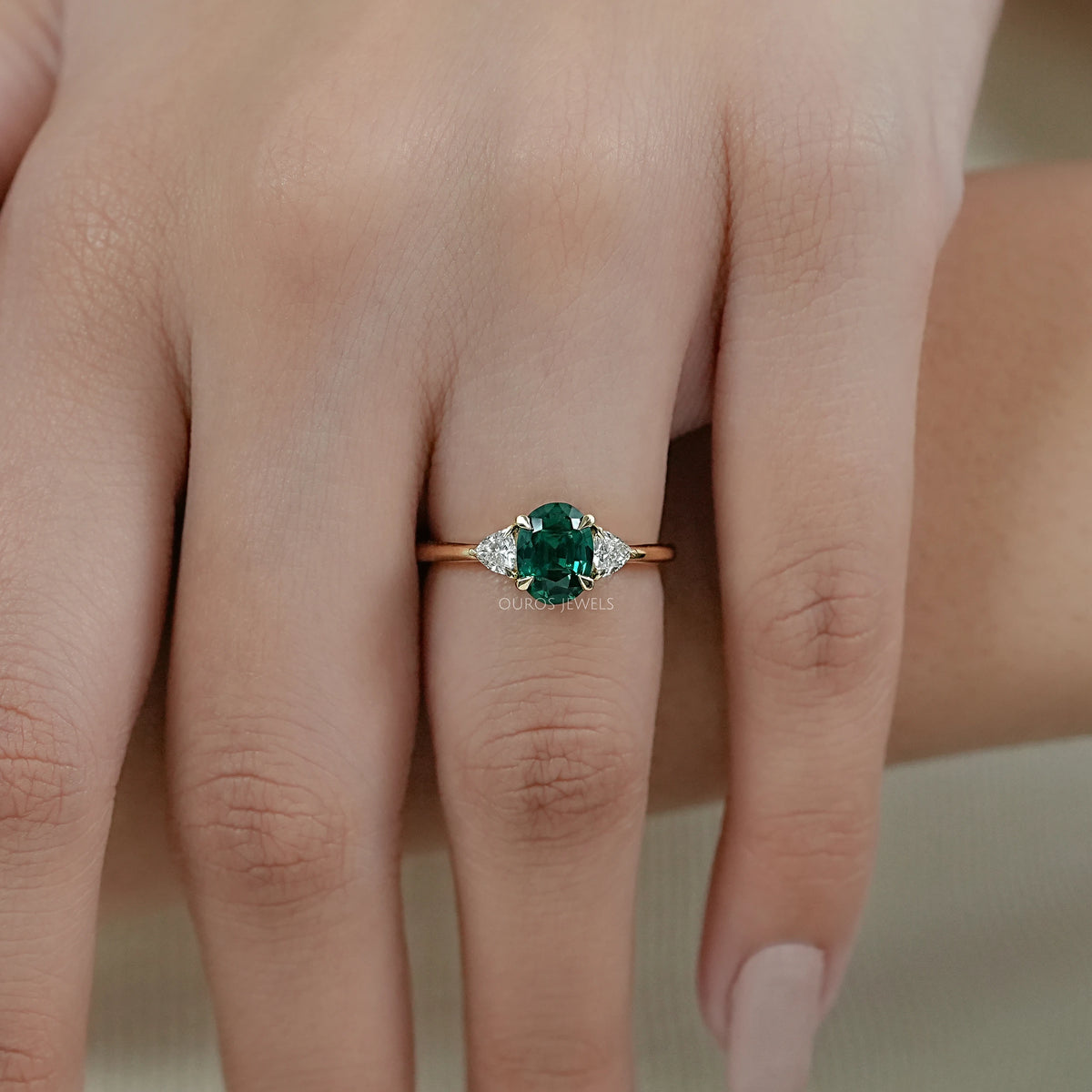 Trilogy Zambian Green Oval Gemstone And Trillion Cut Ring Ring