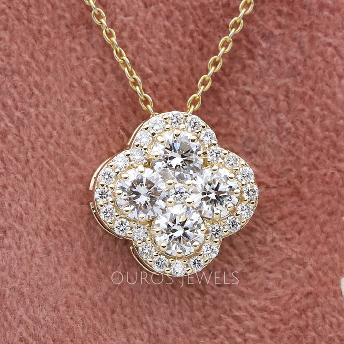 Clover Shape Round Diamond Halo Pendant