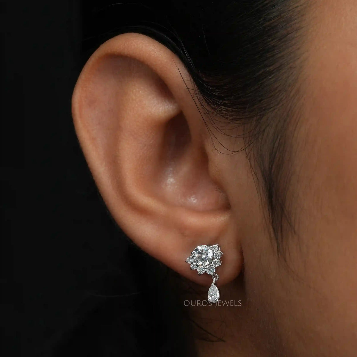 Round Cut Half Halo Drop Earrings