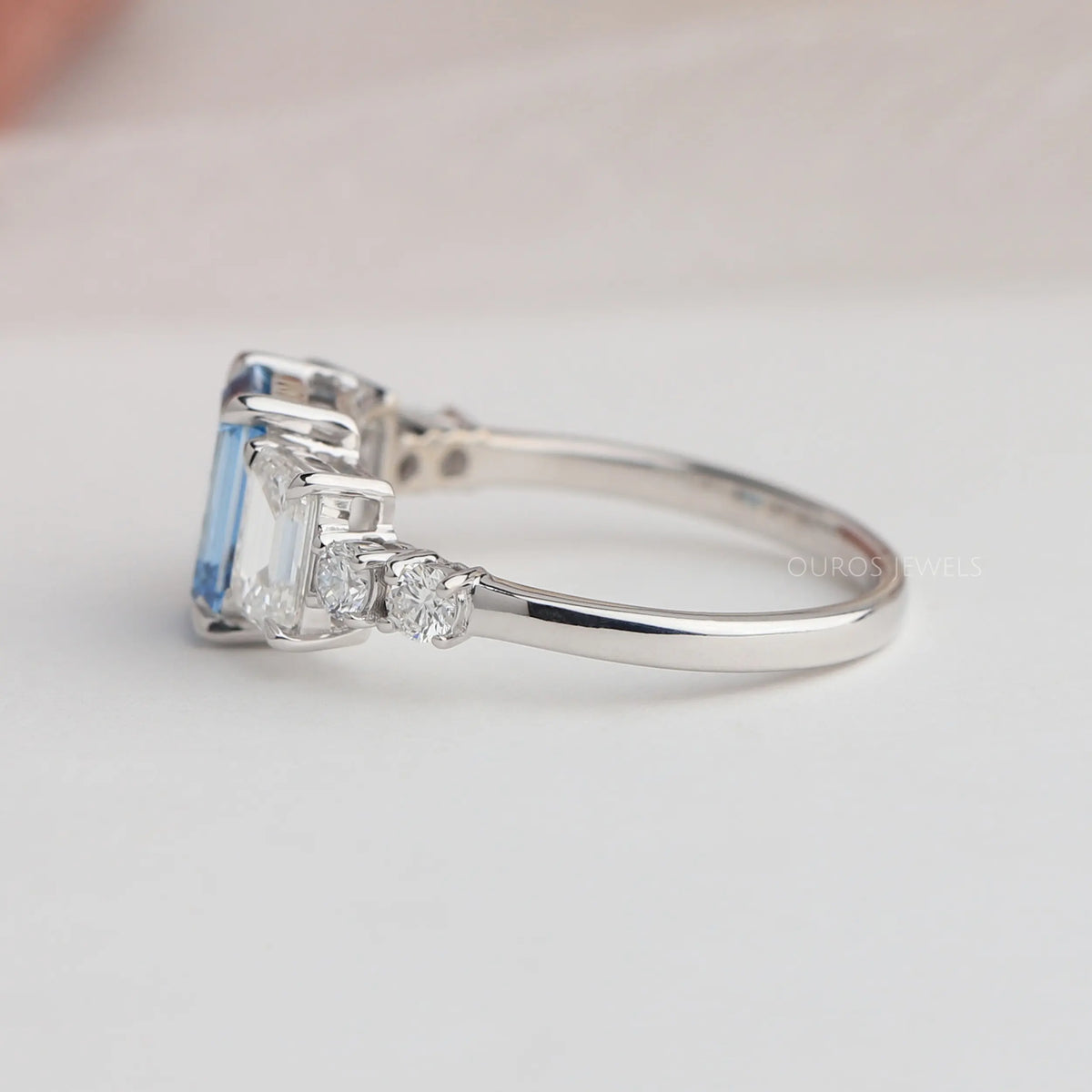 Blue Emerald Cut Lab Diamond Engagement Ring