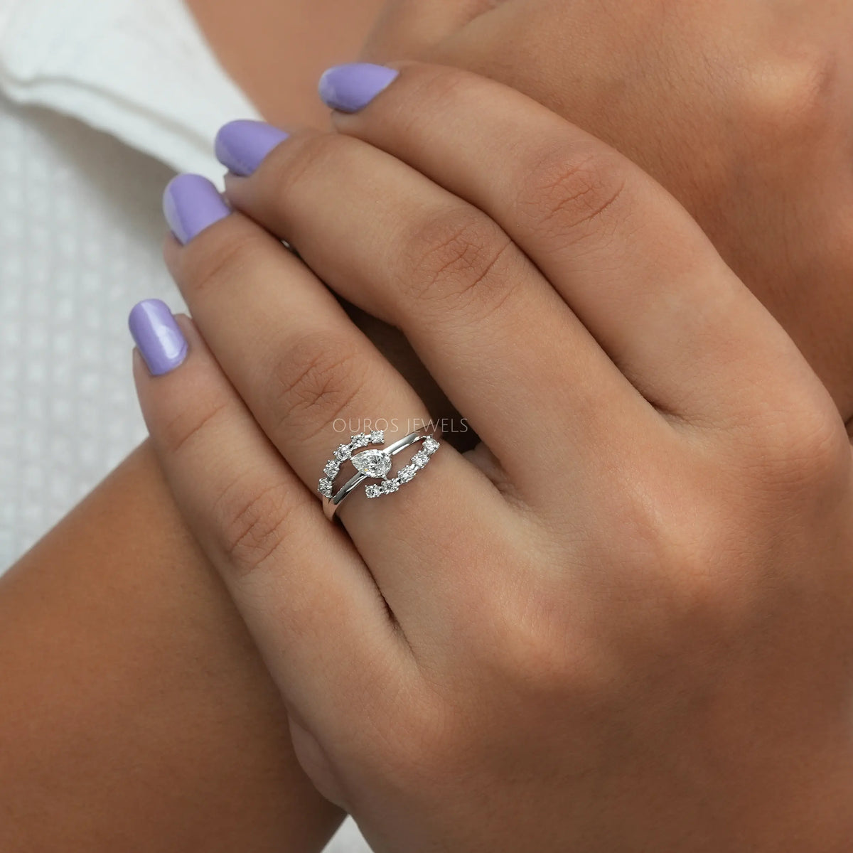 Bypass Style Pear Shaped Diamond Ring 14K White Gold