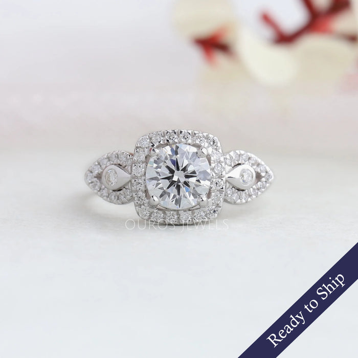 Three Stone Halo Diamond Engagement Ring