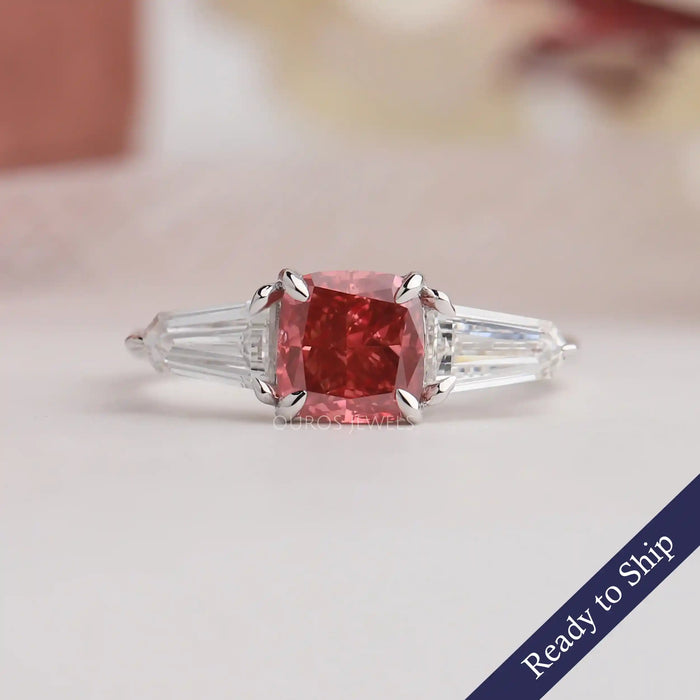 Pink Cushion Cut Lab Grown Diamond Three Stone Engagement Ring In 14K White Gold