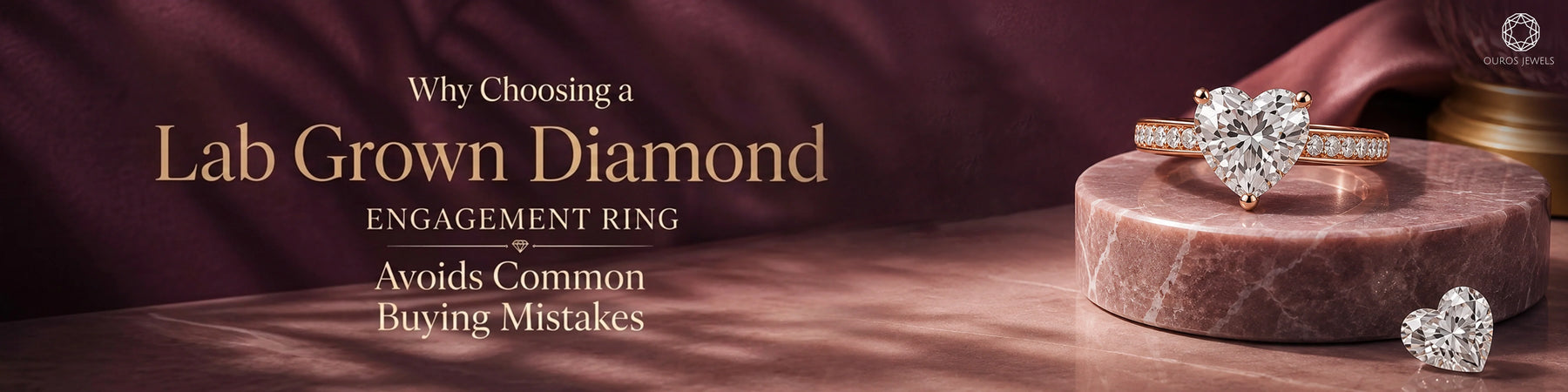 Rose gold engagement ring featuring a large heart-shaped diamond on a pink marble pedestal, with a loose heart-shaped diamond nearby.