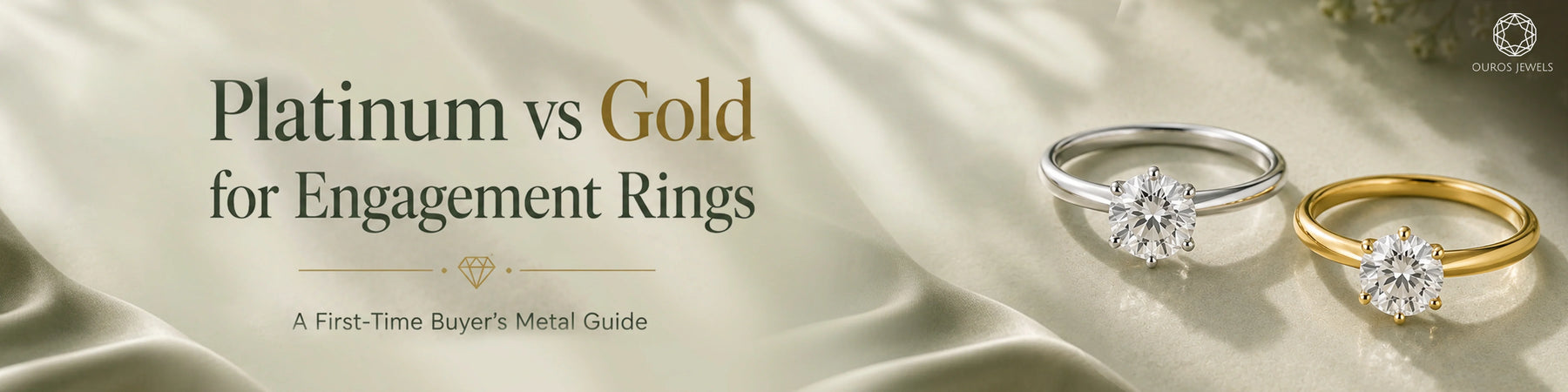 Elegant platinum and gold engagement rings with round diamonds, presented in a soft luxury setting for a first-time buyer’s metal guide.