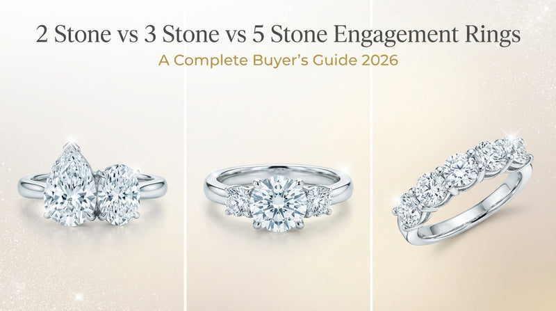 2 stone vs 3 stone vs 5 stone engagement rings comparison guide showing toi et moi, trilogy, and five stone lab grown diamond ring styles - Complete buyer's guide 2026