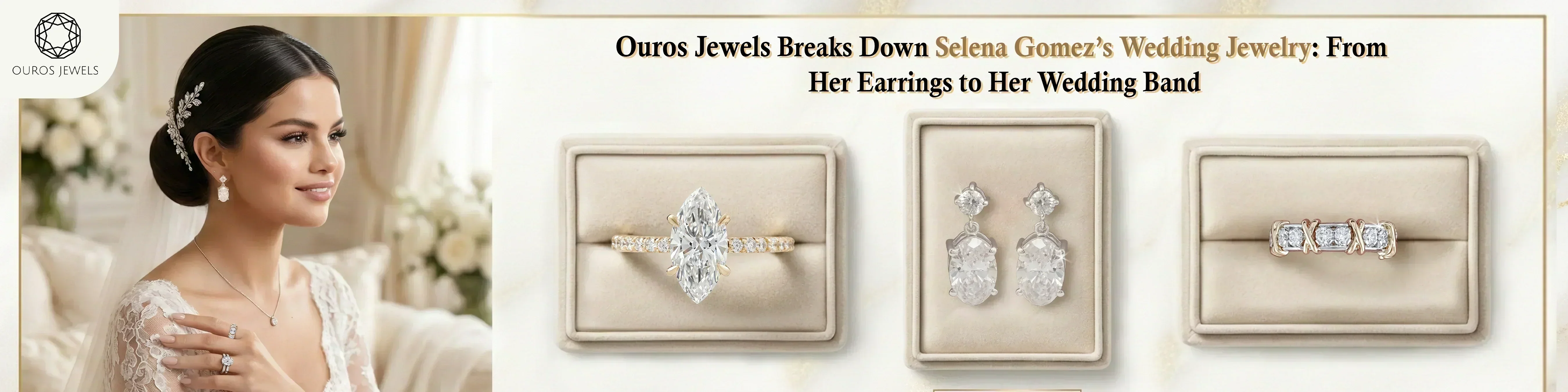 Selena Gomez wedding jewelry featuring a marquise diamond engagement ring, a 16-stone diamond mid-finger ring and pear diamond bridal earrings.