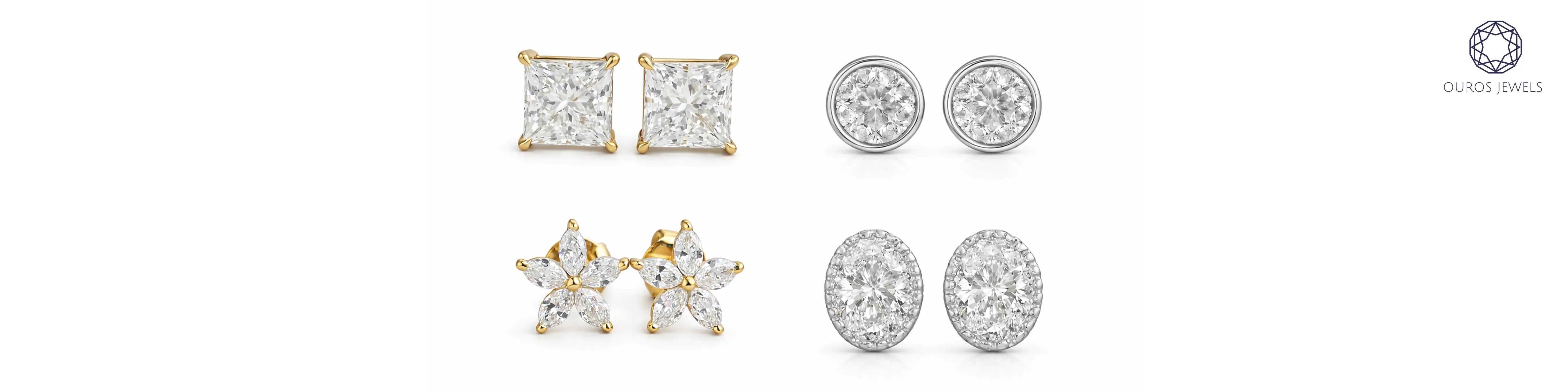 Four styles of diamond stud earrings by OUROS Jewels including princess cut, round bezel set, marquise flower cluster, and oval halo studs