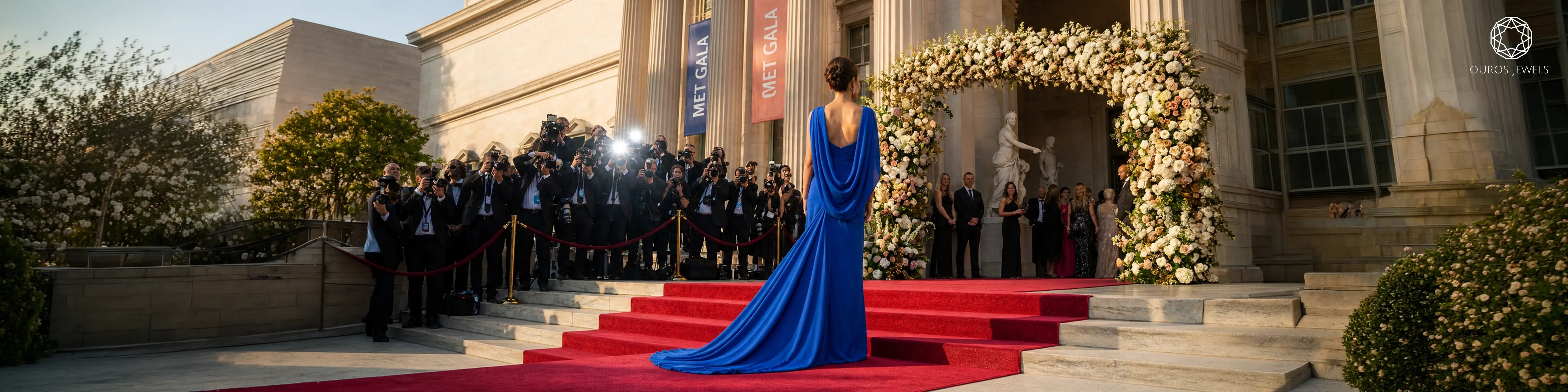 Woman in royal blue backless gown on red carpet steps surrounded by paparazzi and floral arch at a luxury gala event