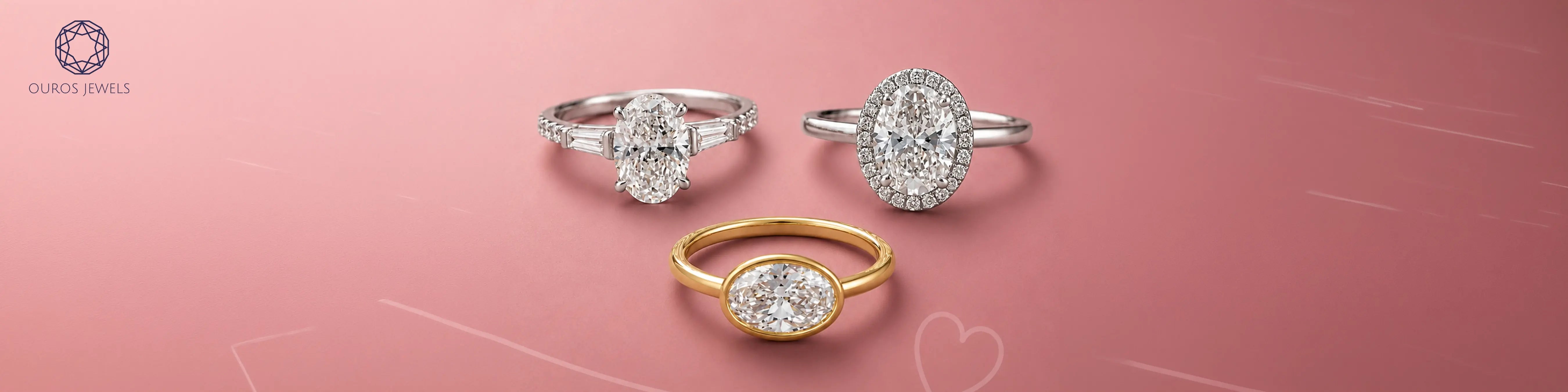 Three oval diamond engagement rings on pink background featuring baguette three-stone, halo, and bezel-set yellow gold styles by Ouros Jewels