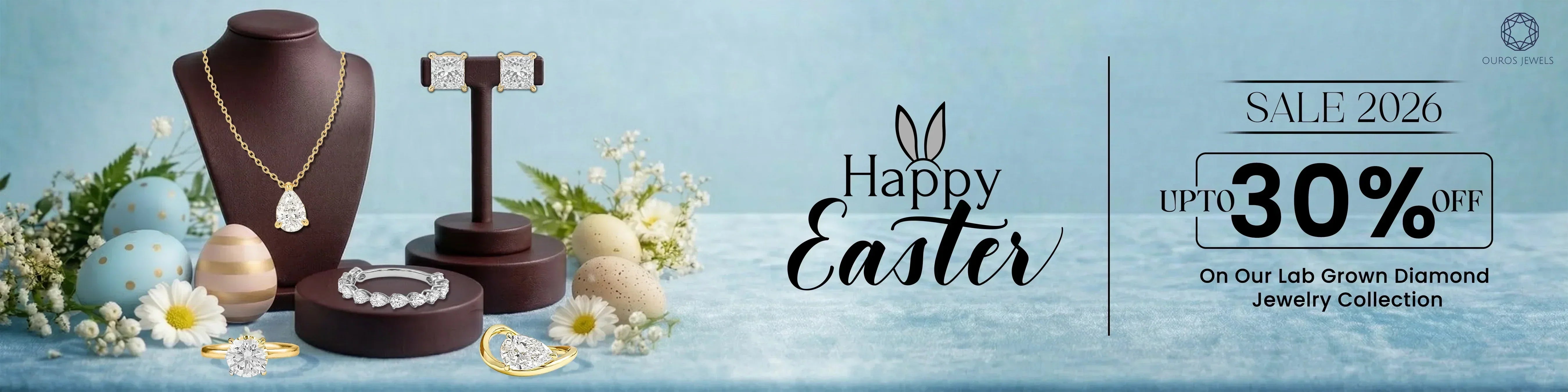 Ouros Jewels Easter Sale 2026 up to 30% off featuring lab grown diamond necklace, earrings, bracelet and rings