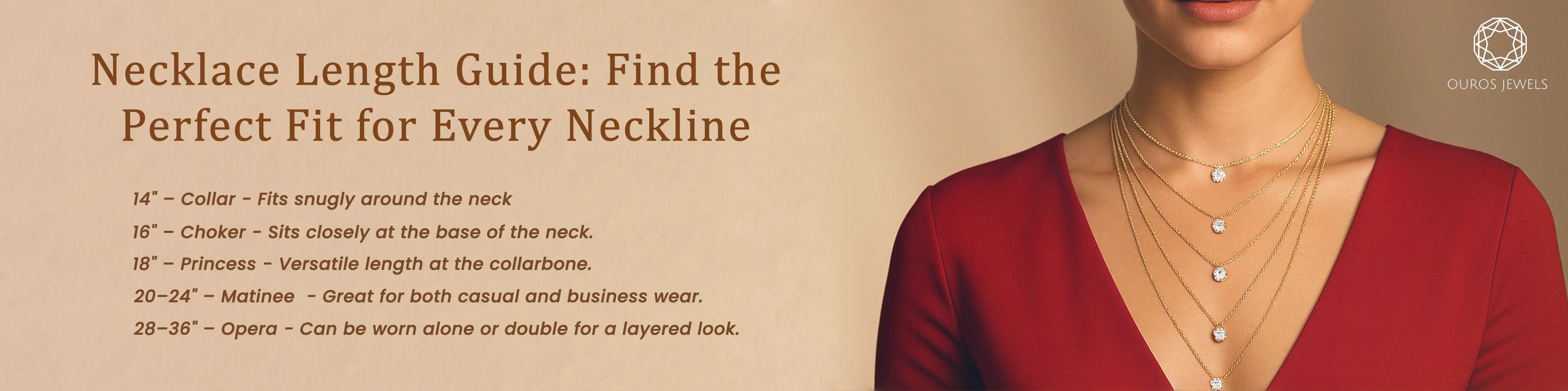  A close-up image of a woman in a red dress wearing five layered gold necklaces, accompanied by a text guide on standard necklace lengths.