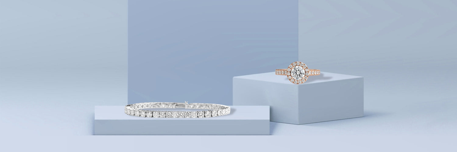 Ethical Lab grown Diamond Jewelry Collection Featuring a Round-Cut Diamond Tennis Bracelet, Round-Cut Halo Engagement Ring