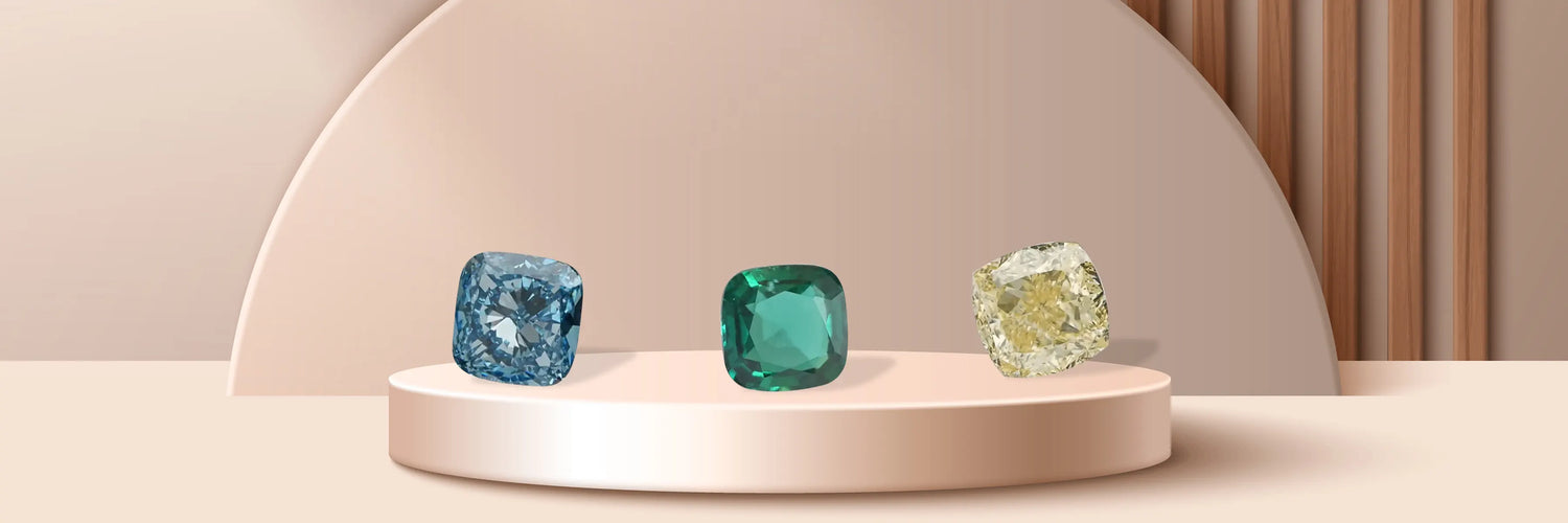 Image showing various Cushion Cut Lab-Grown Diamonds including Dark Green Zambian Cushion Gemstone with Blue and Yellow Color Cushion D