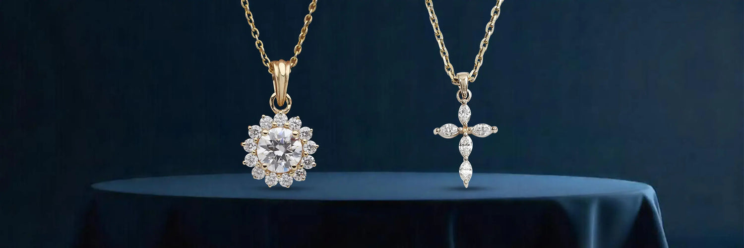 Lab grown diamond pendants for women in yellow gold — geometric kite lattice pendant with pear drop, round pavé open circle pendant, and east-west marquise bezel solitaire necklace on navy blue background