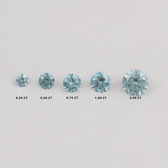 front view of blue round shape lab grown colored diamonds loose