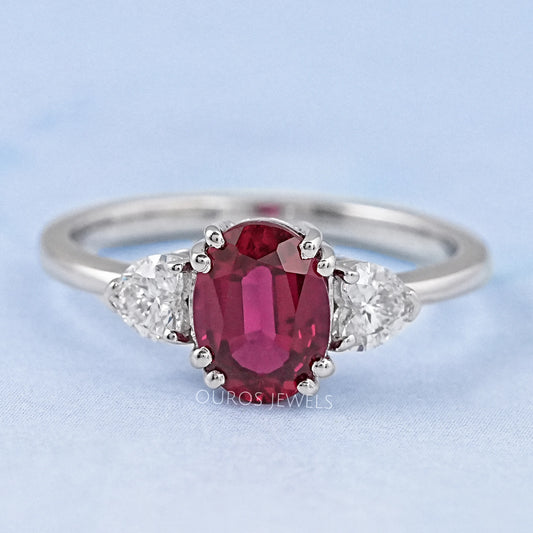 Oval Cut Red Ruby Three Stone Ring Ring