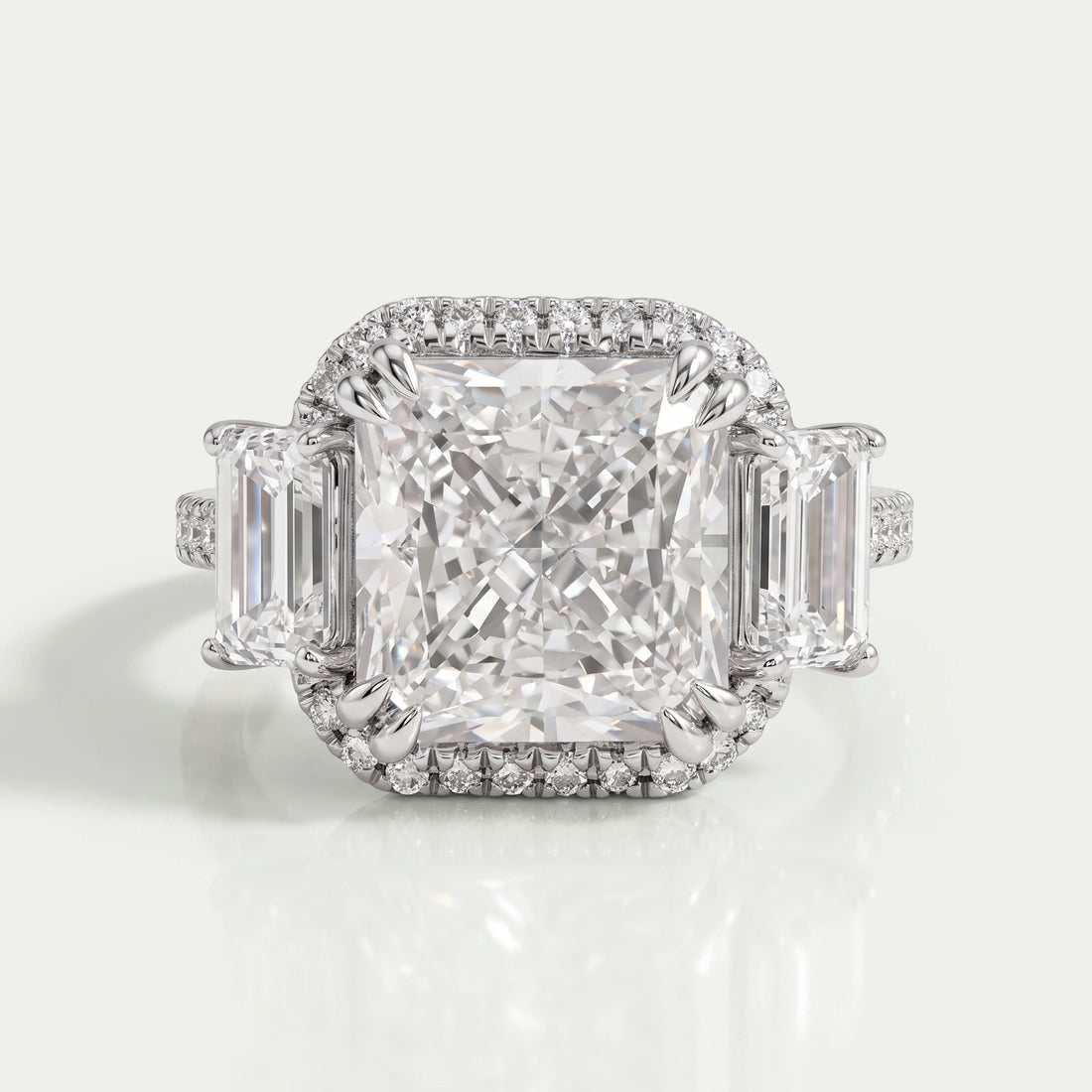 Square Radiant Cut Three Stone Halo With Accent Ring Rings