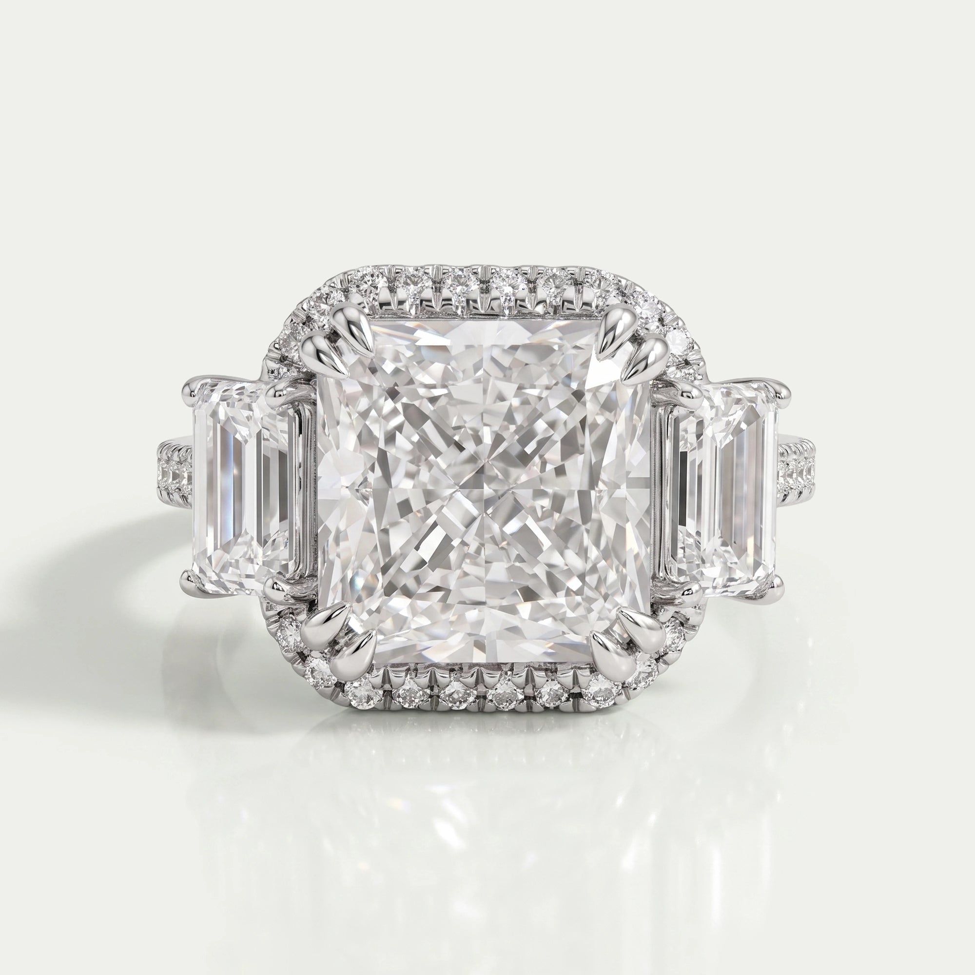 Square Radiant Cut Three Stone Halo With Accent Ring Rings