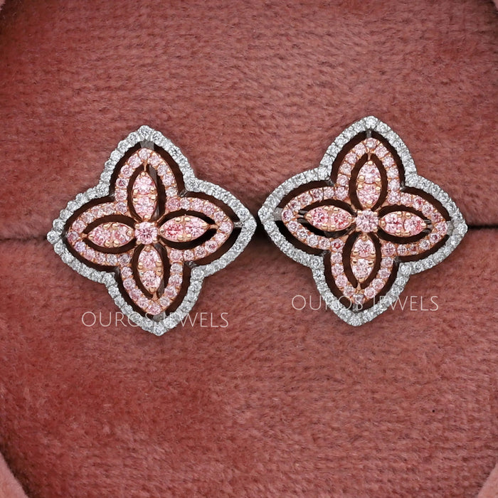 Pink Round Diamond Flower Stud Earrings