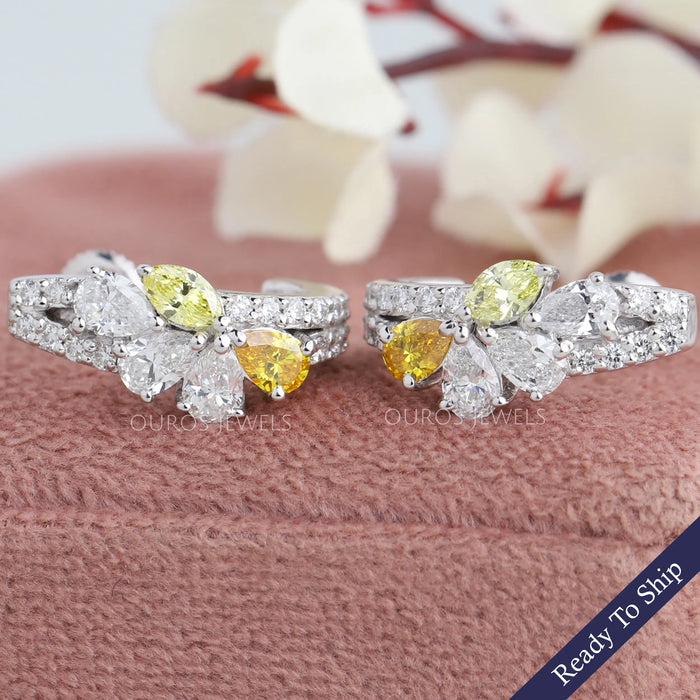 Yellow Pear And Round Cut Cluster Diamond Earrings