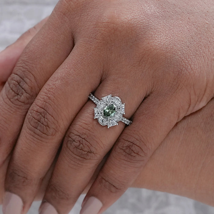 Green Oval Cut Half Moon Halo Engagement Ring