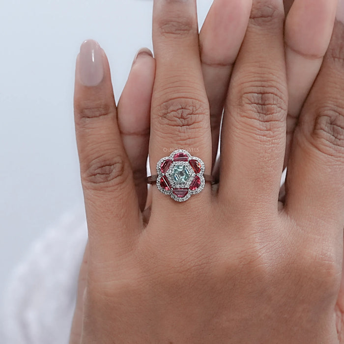 Alexandrite Hexagon Gemstone Double Halo Engagement Ring