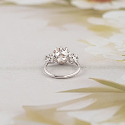 Tri Diamond Old Mine Cushion Cut Engagement Ring Rings