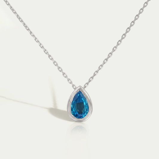 Aqua Blue Pear Gemstone Bezel Set Solitaire Pendant Necklaces