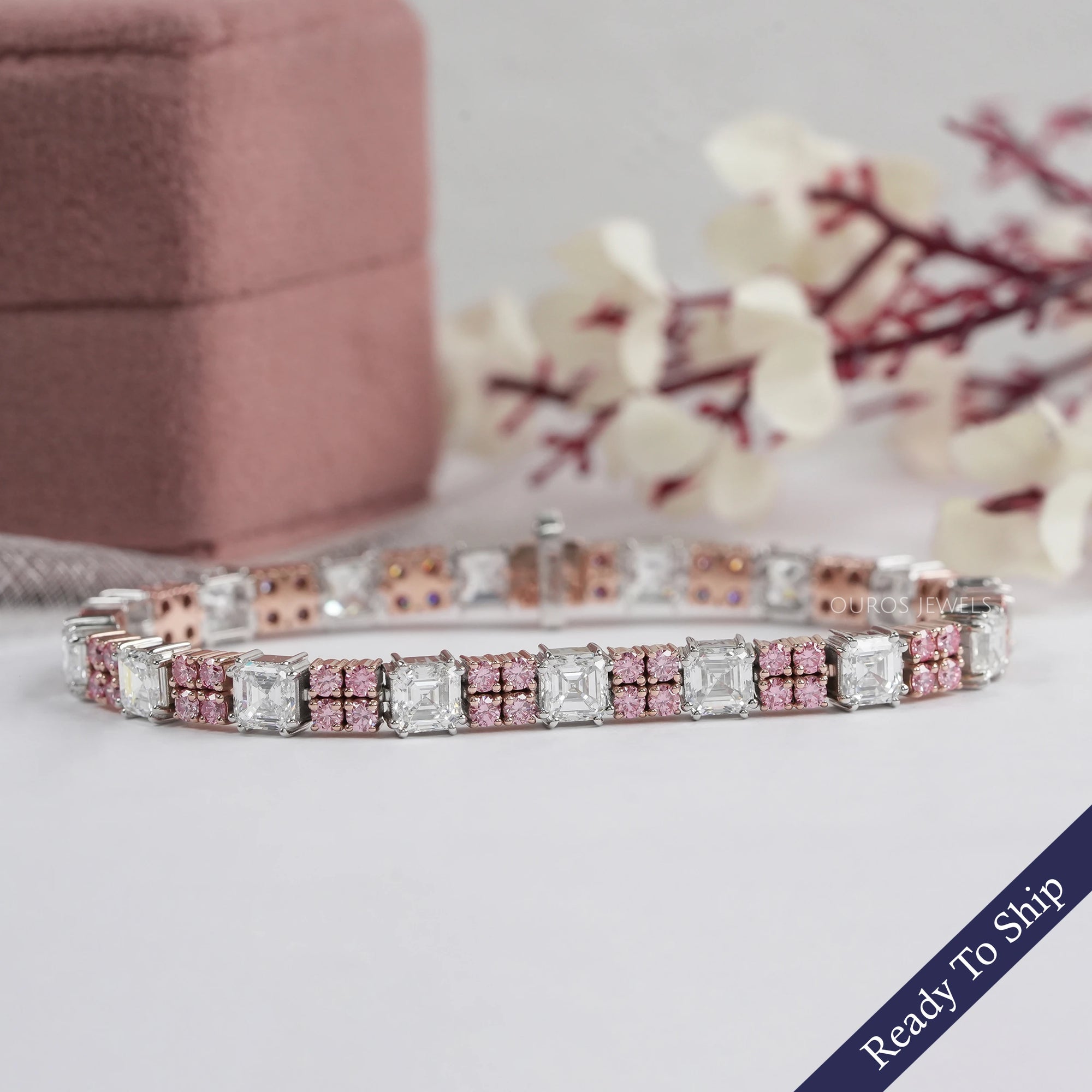 Asscher Diamond And Pink Round Tennis Bracelet Bracelet