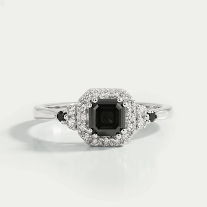 Asscher Cut Black Diamond Halo Ring Ring