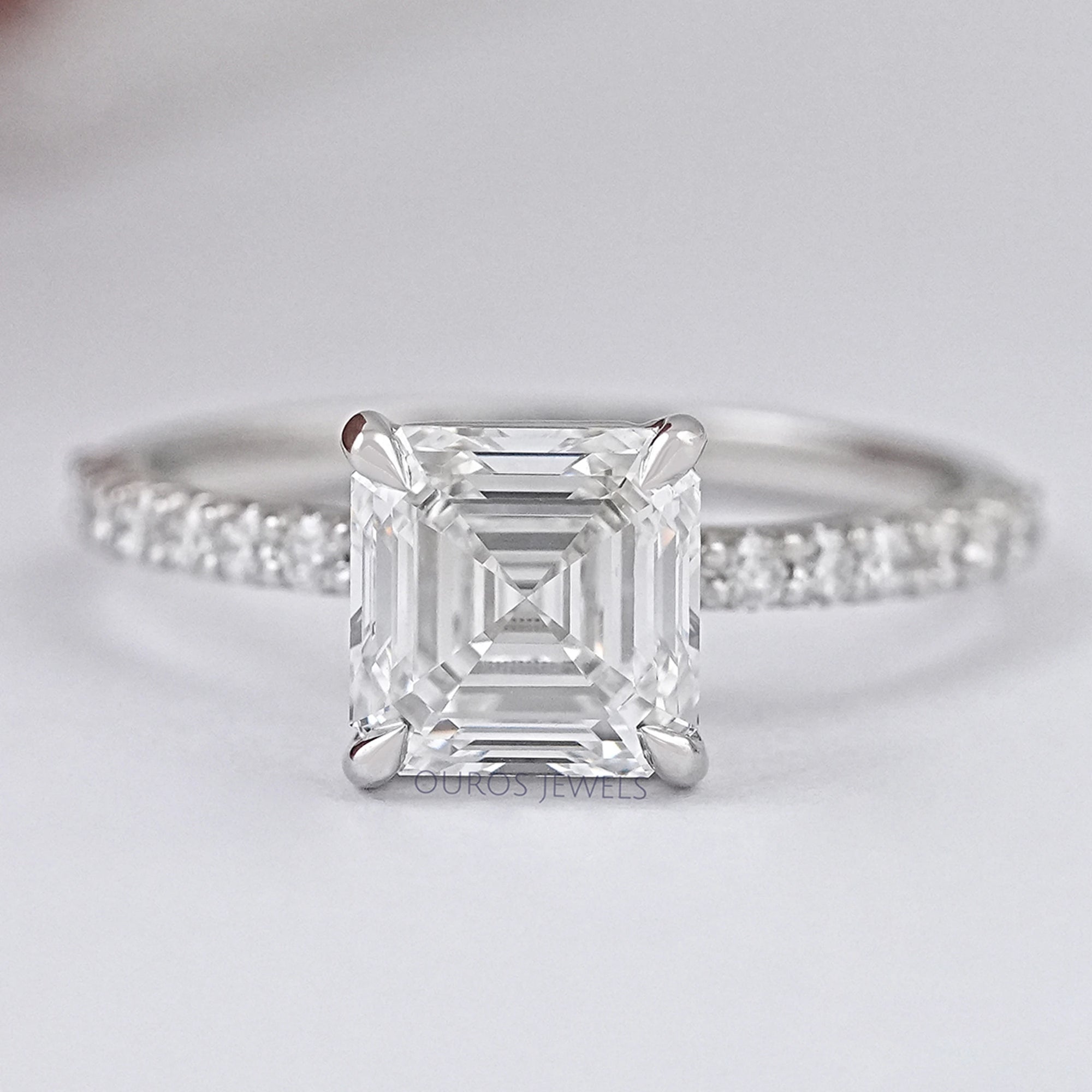 Asscher Cut Solitaire Accent Diamond Engagement Ring