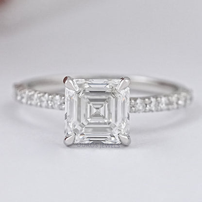 Asscher Cut Solitaire Accent Diamond Engagement Ring