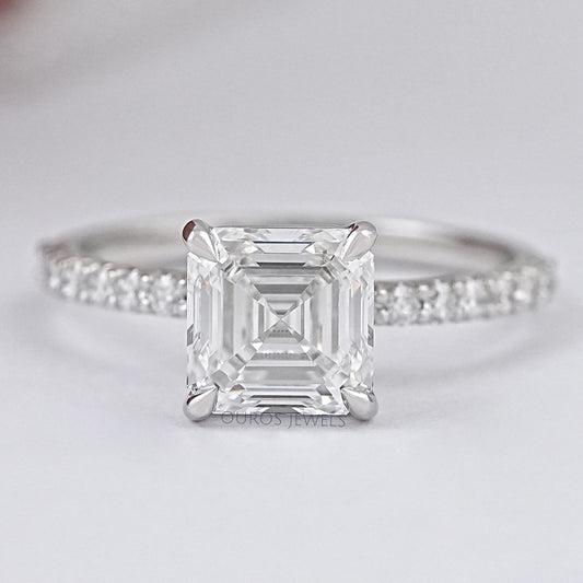 Asscher Cut Solitaire Accent Diamond Engagement Ring