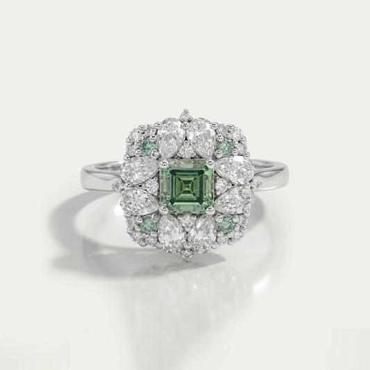 Asscher Cut Green Lab Diamond Cluster Engagement Ring Ring