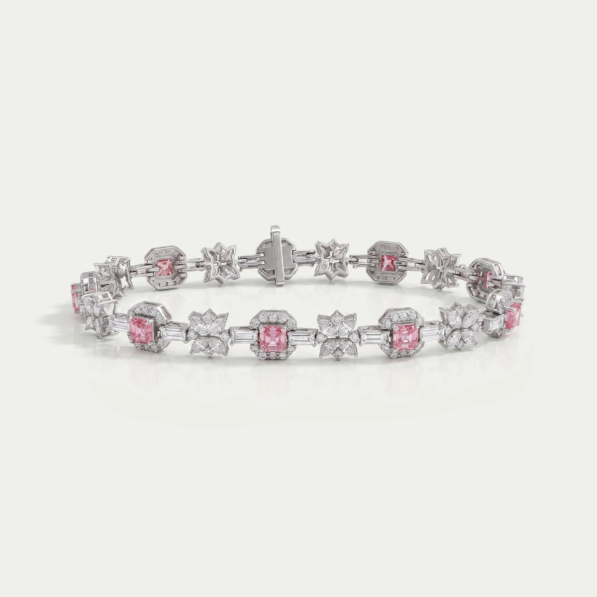 Flower And Pink Asscher Diamond Tennis Bracelet Bracelet