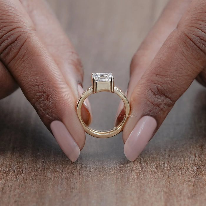 Asscher Cut Diamond Solitaire Accent With Plain Wedding Band