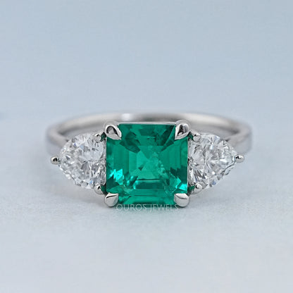 Green Asscher Gemstone Three Stone Engagement Ring Rings