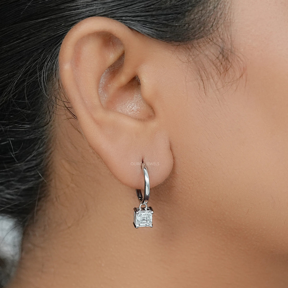 Asscher Lab Diamond Dangle Hoop Earrings