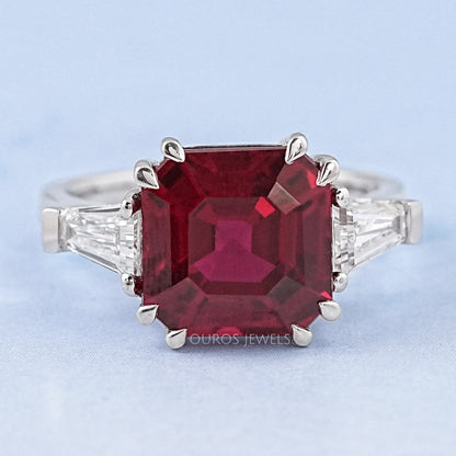 Asscher Cut Ruby Gemstone Tri Stone Ring