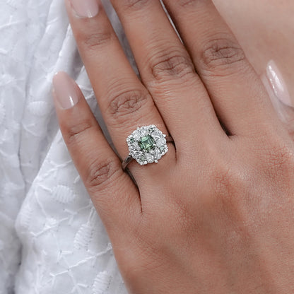 Asscher Cut Green Lab Diamond Cluster Engagement Ring Ring