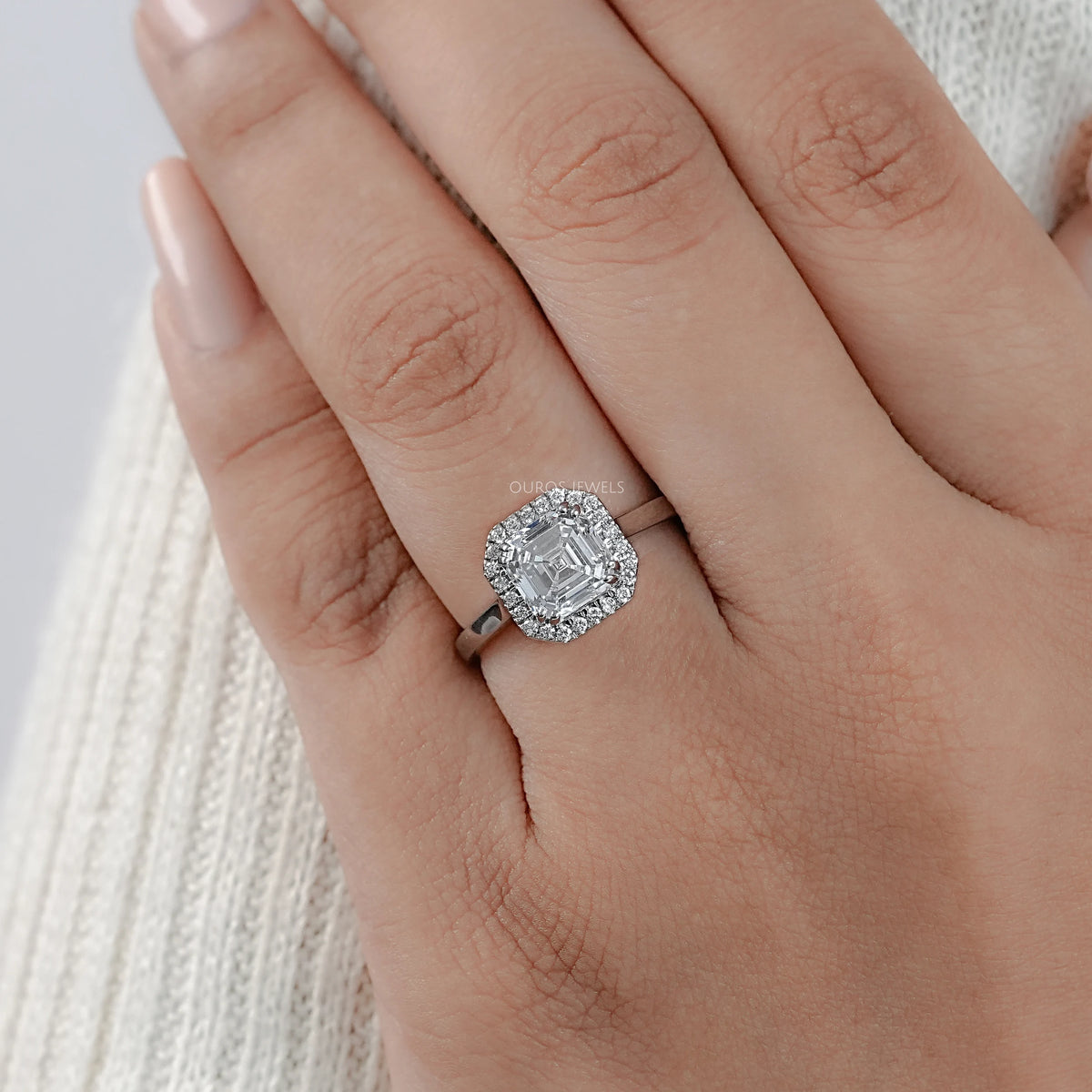 Asscher Cut Lab Diamond Halo Solitaire Engagement Ring Rings